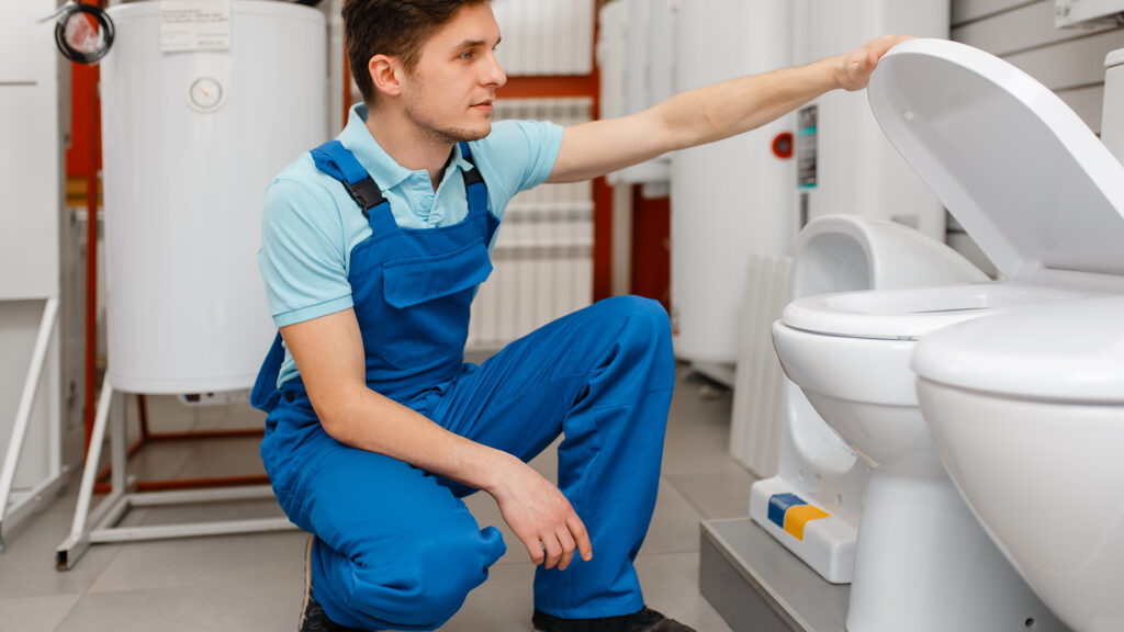 Plumber installing and fixing a toilet