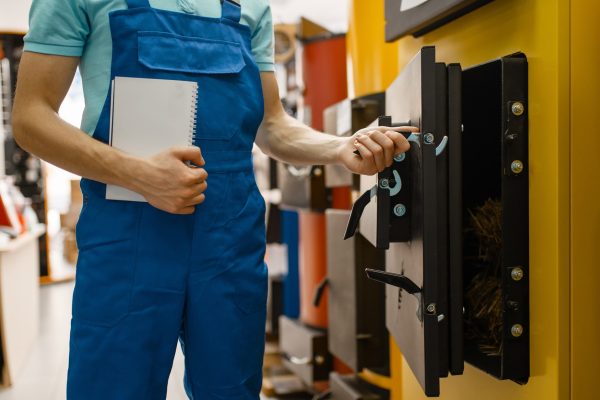 HVAC repairman installing commercial furnace